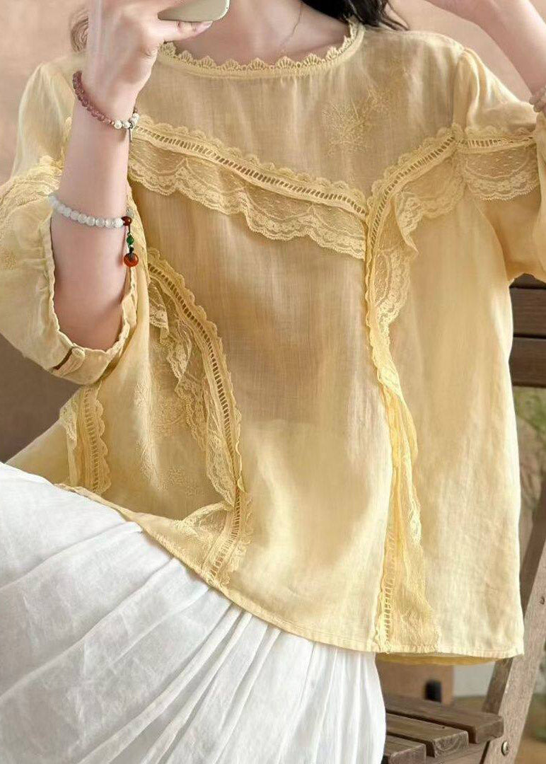 Original Pink Embroidered Lace Patchwork Linen Shirts Fall