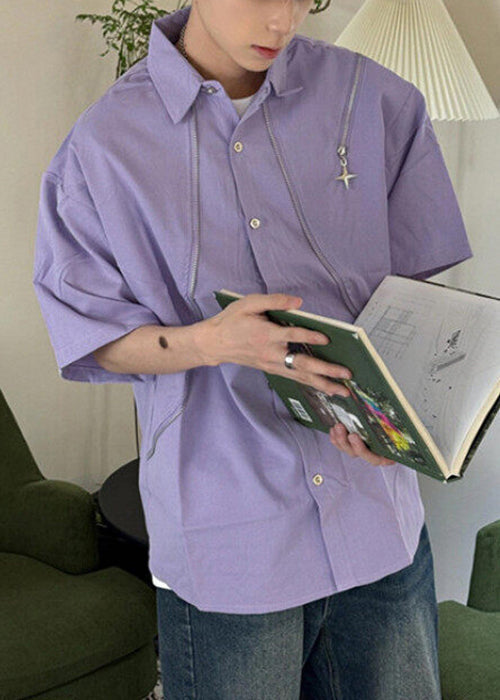 Original Purple Peter Pan Collar Zip Up Cotton Shirts Summer