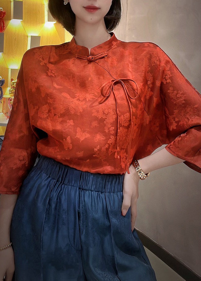 Original Red Stand Collar Chinese Button Bow Silk Top Three Quarter Sleeve
