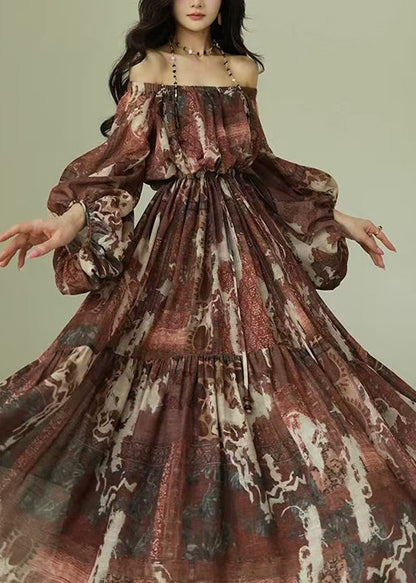 Original Slash Neck Print Tie Waist Cotton Long Dresses Fall