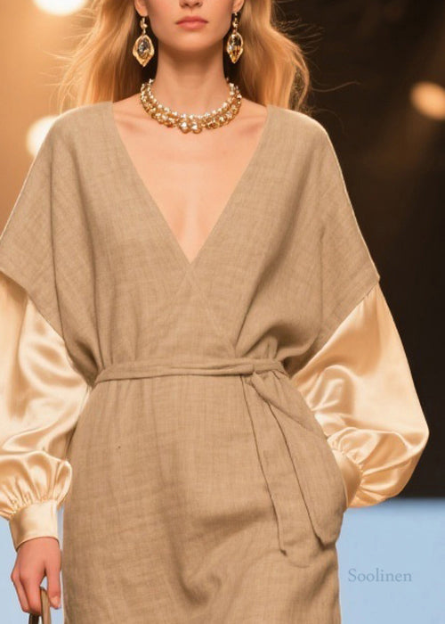 Original V Neck Tie Waist Silk Patchwork Linen Dresses Spring