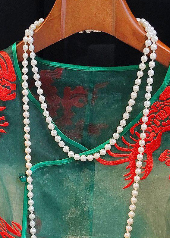 Original Green Embroidered Silk Blouses Long Sleeve