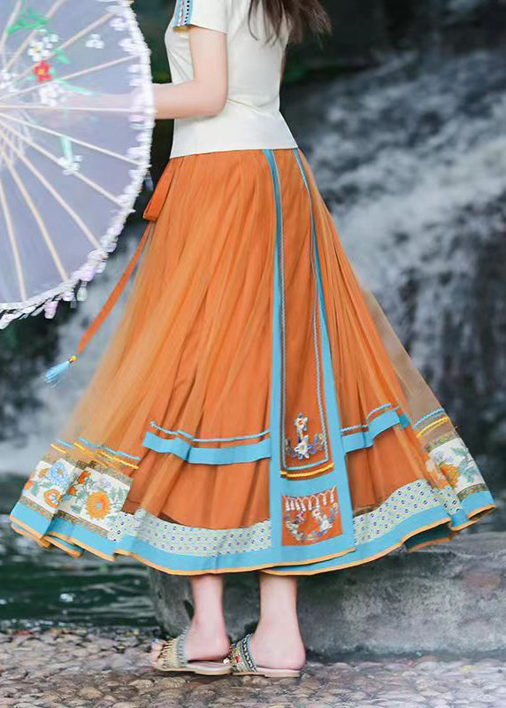 Original Orange Wrinkled Print High Waist Tulle Skirt Spring