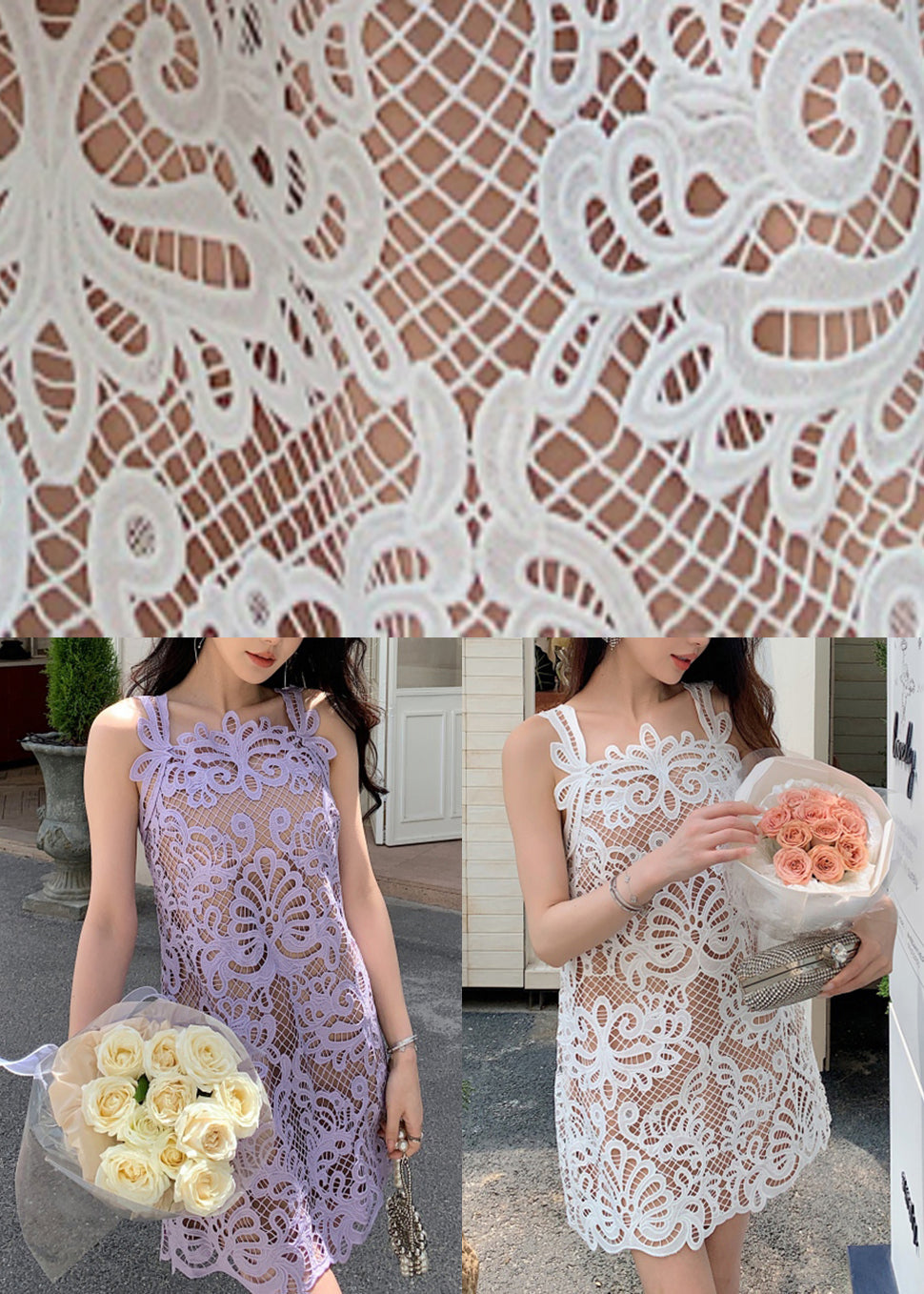 Original White Hollow Out Lace Mid Dress Sleeveless