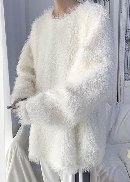Original White O Neck Mink Hair Knitted Sweater Tops Winter