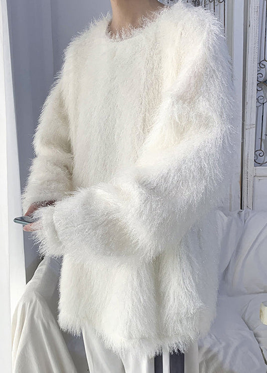Original White O Neck Mink Hair Knitted Sweater Tops Winter