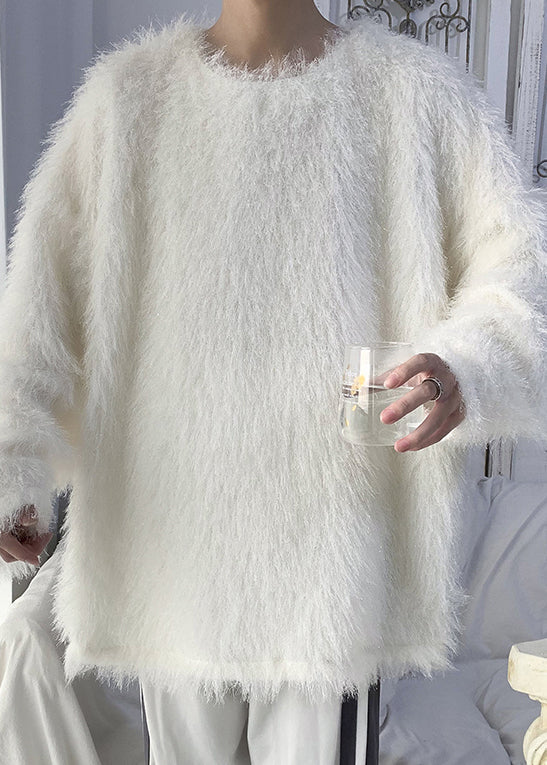 Original White O Neck Mink Hair Knitted Sweater Tops Winter