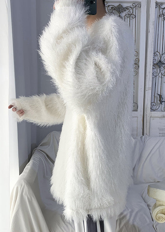 Original White O Neck Mink Hair Knitted Sweater Tops Winter