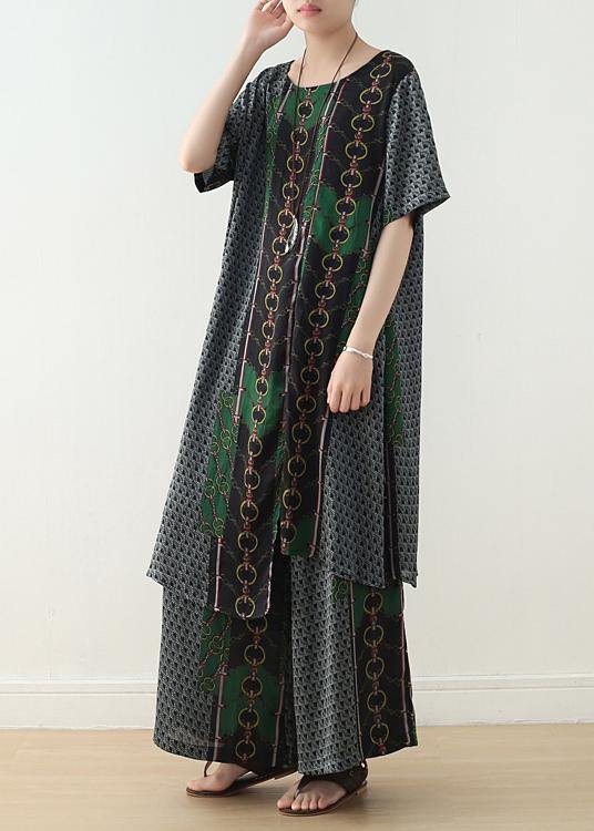 Original Green Print Irregular Silk Top T-shirt and Wide Leg Pants Two-piece Set