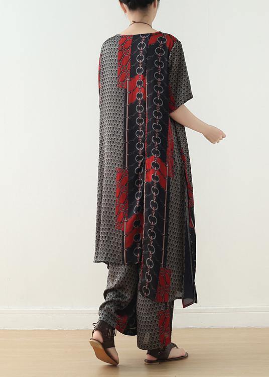 Original Green Print Irregular Silk Top T-shirt and Wide Leg Pants Two-piece Set