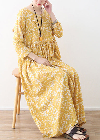 Original Yellow O-neck Wrinkled Print Loose Dresses Three Quarter Sleeve