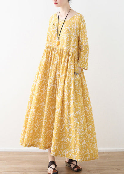 Original Yellow O-neck Wrinkled Print Loose Dresses Three Quarter Sleeve