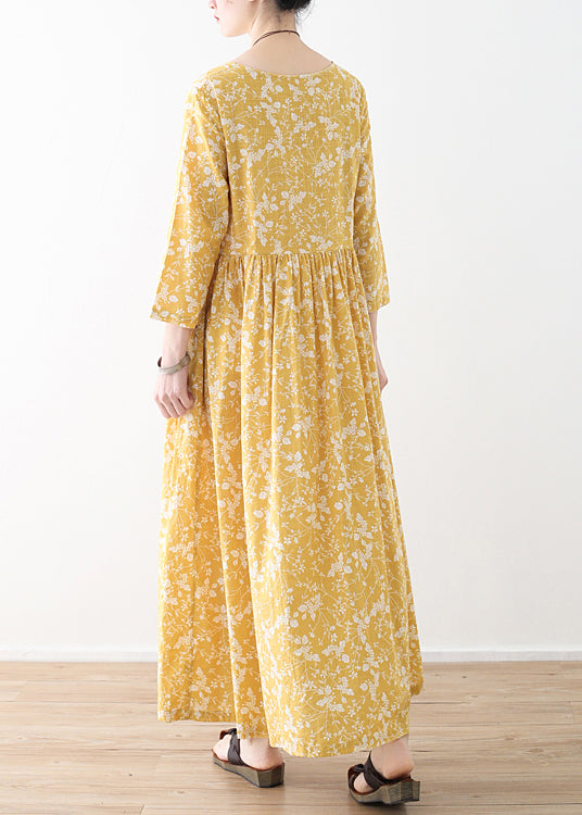 Original Yellow O-neck Wrinkled Print Loose Dresses Three Quarter Sleeve