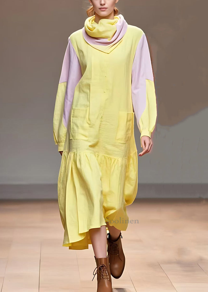 Original Yellow Turtleneck Pockets Cotton Dresses Long Sleeve