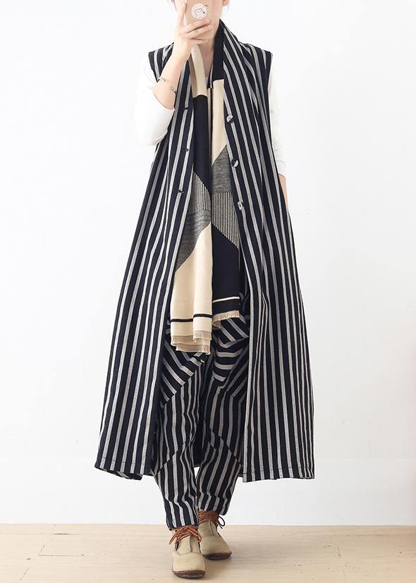 Original Design Loose Medium Length Beige Striped Vest Elastic Waist Breeches Suit