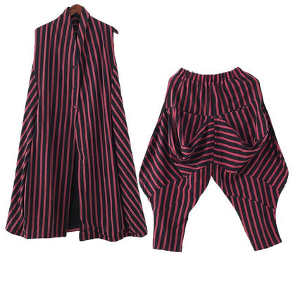Original Design Loose Medium Length Beige Striped Vest Elastic Waist Breeches Suit
