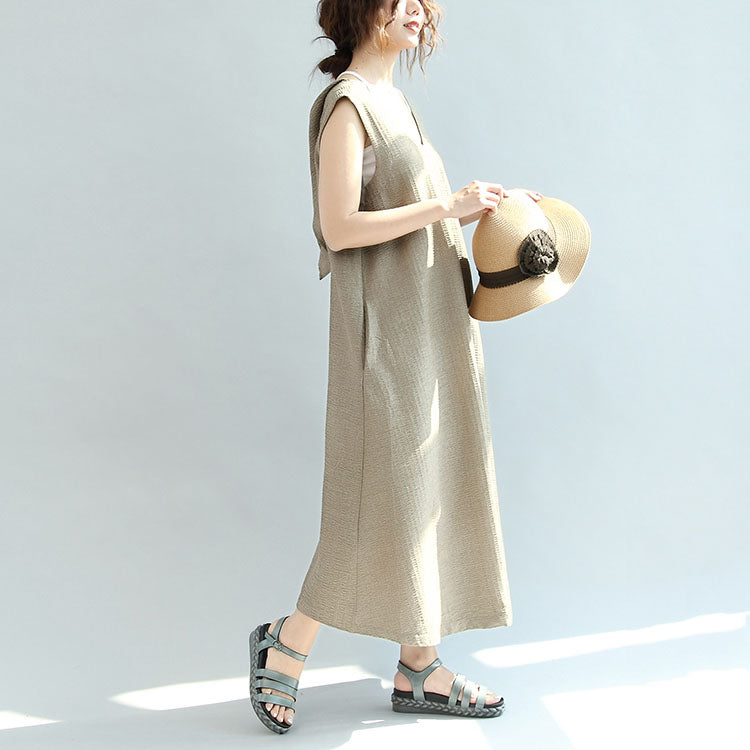 Original Khaki Linen Dresses V Neck Sundress Sleeveless Maxi Dress