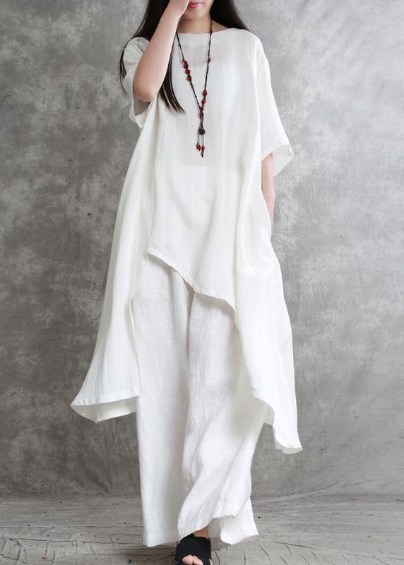Original Large Size Irregular Cotton and Linen Suit Female Long Section Was Thin White Shirt Wild Wide-leg Pants