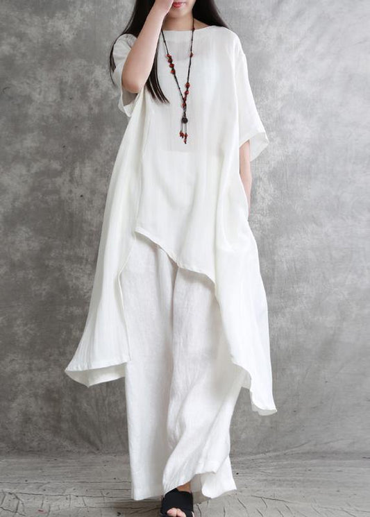 Original Large Size Irregular Cotton and Linen Suit Female Long Section Was Thin White Shirt Wild Wide-leg Pants