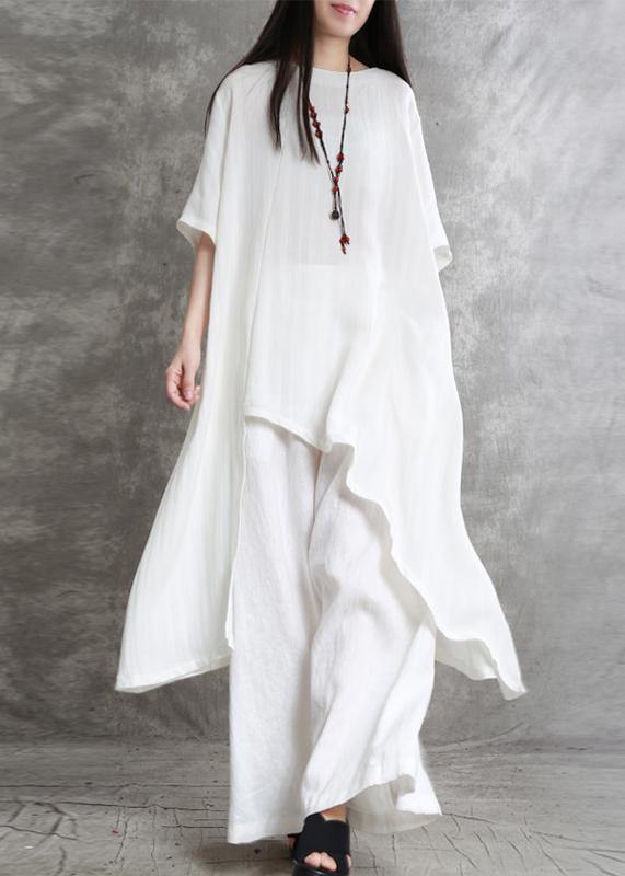 Original Large Size Irregular Cotton and Linen Suit Female Long Section Was Thin White Shirt Wild Wide-leg Pants