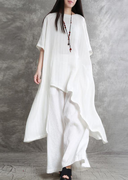 Original Large Size Irregular Cotton and Linen Suit Female Long Section Was Thin White Shirt Wild Wide-leg Pants