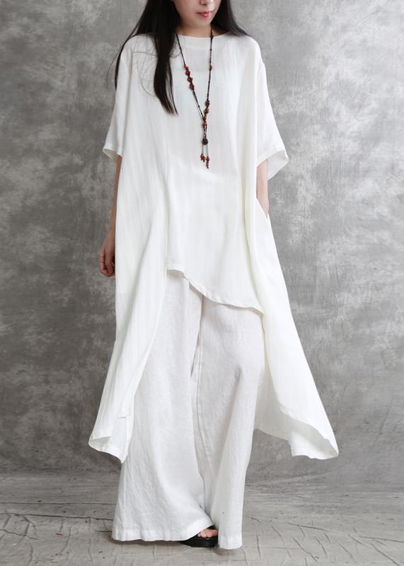 Original Large Size Irregular Cotton and Linen Suit Female Long Section Was Thin White Shirt Wild Wide-leg Pants