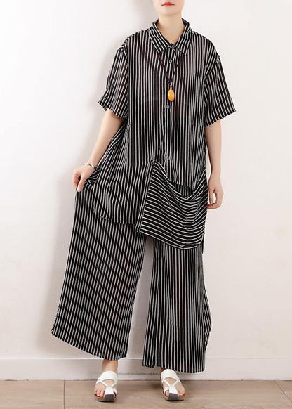Original Literary Loose Large Size Gray Stripes Were Thin and Irregular Chiffon Wide-leg Pants Two-piece Suit