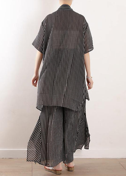 Original Literary Loose Large Size Gray Stripes Were Thin and Irregular Chiffon Wide-leg Pants Two-piece Suit