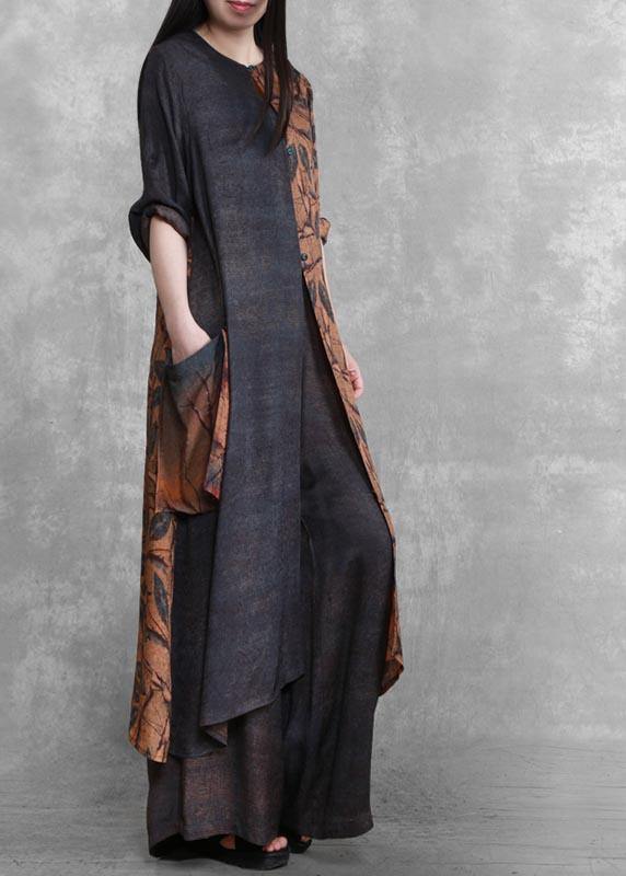 Original Splicing Large Size National Style Two Piece Suit Leisure Art Dark Gray Suit