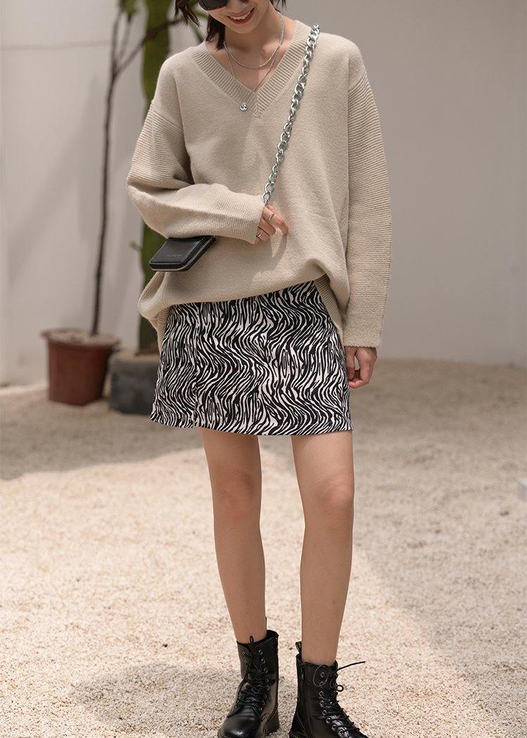 Over Sized Beige Knitted Clothes V Neck Oversized Fall Knit Tops