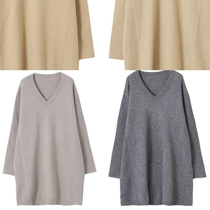 Over Sized Beige Knitted Clothes V Neck Oversized Fall Knit Tops