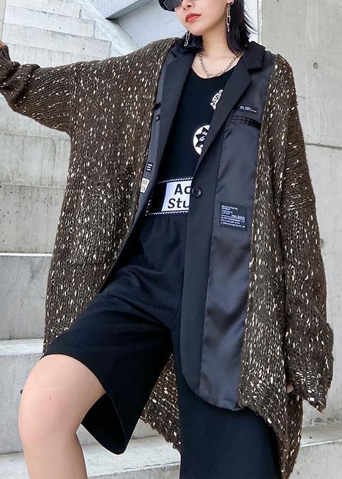 Oversize Knit Outwear Fall Chocolate Patchwork Pockets Knitted Outwear