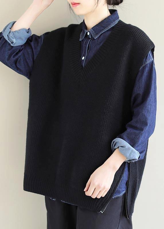 Oversized Black Knitted Clothes V Neck Sleeveless Oversized Sweaters