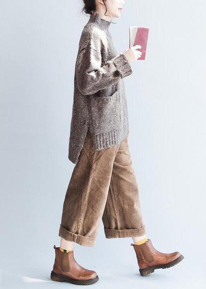 Oversized Chocolate Knit Sweaters High Neck Warm Winter Knit Tops
