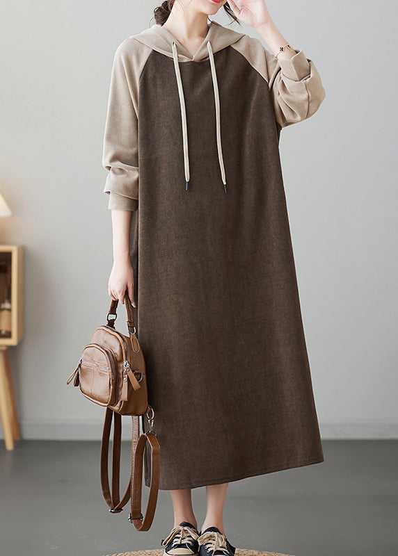 Oversized Coffee Patchwork Long Hooded Dresses Winter