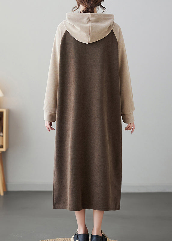 Oversized Coffee Patchwork Long Hooded Dresses Winter