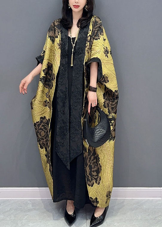 Oversized Yellow Print Patchwork Cotton Cardigan Batwing Sleeve