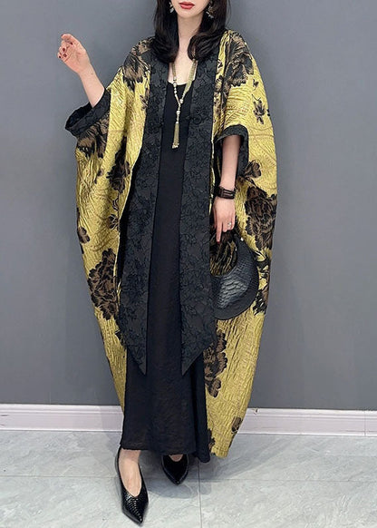 Oversized Yellow Print Patchwork Cotton Cardigan Batwing Sleeve