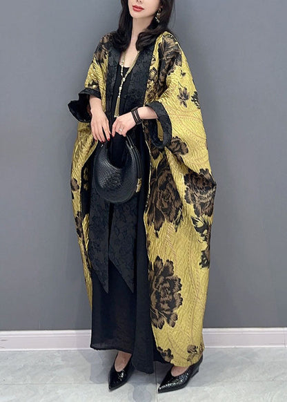 Oversized Yellow Print Patchwork Cotton Cardigan Batwing Sleeve