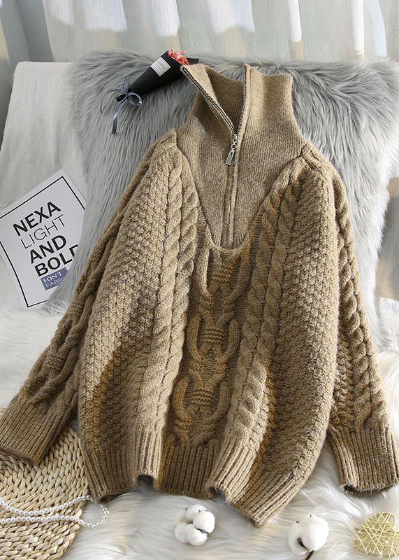 Oversized Beige Knitted Pullover High Neck Zippered Fall Knit Sweat Tops