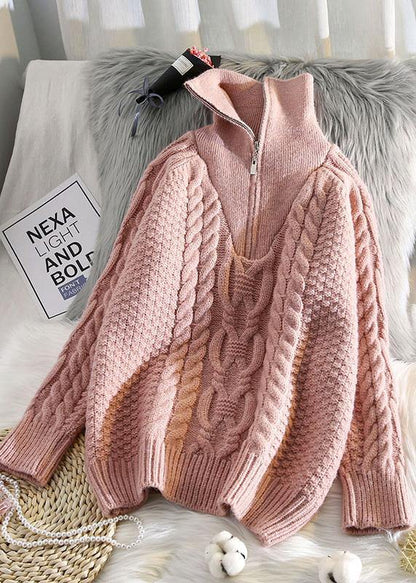 Oversized Beige Knitted Pullover High Neck Zippered Fall Knit Sweat Tops