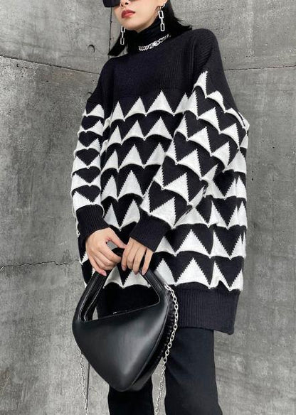 Oversized Black Geometric Knit Top Silhouette O Neck Sweaters