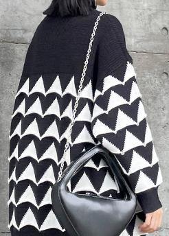Oversized Black Geometric Knit Top Silhouette O Neck Sweaters