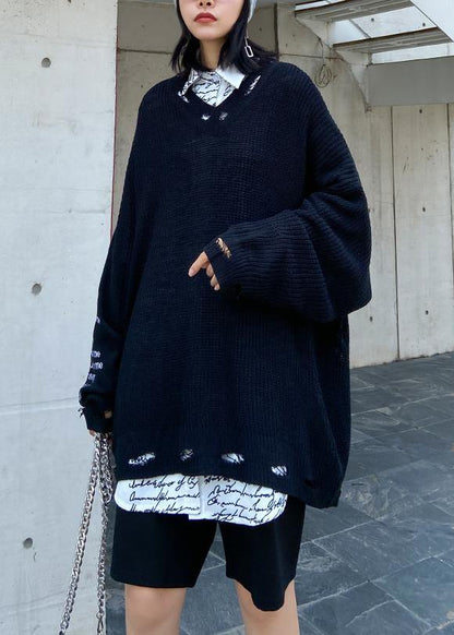 Oversized Black Letter Knit Tops V Neck Fall Sweaters
