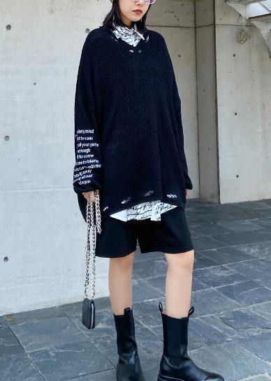 Oversized Black Letter Knit Tops V Neck Fall Sweaters
