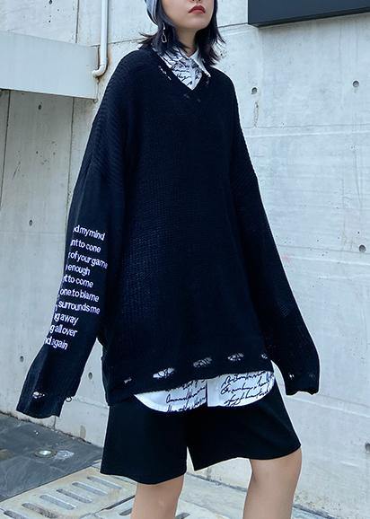 Oversized Black Letter Knit Tops V Neck Fall Sweaters