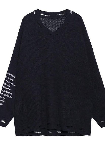Oversized Black Letter Knit Tops V Neck Fall Sweaters