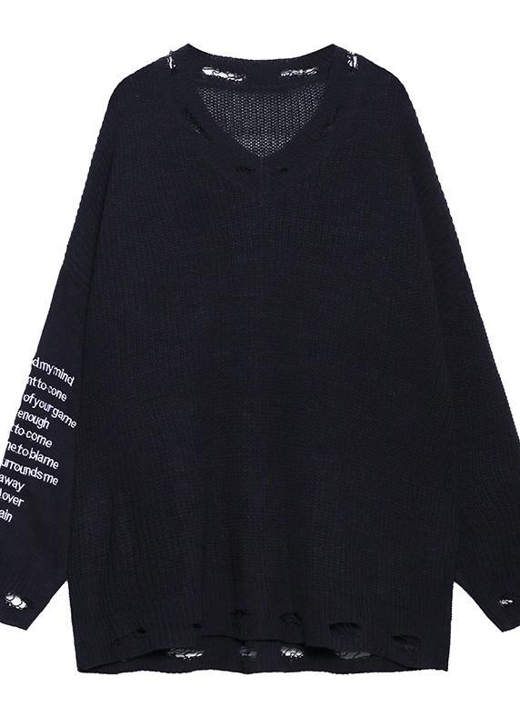 Oversized Black Letter Knit Tops V Neck Fall Sweaters