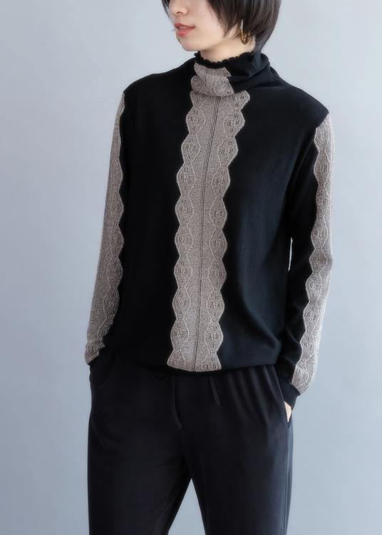 Oversized Black Knit Sweat Tops Fall High Neck Knitted T Shirt
