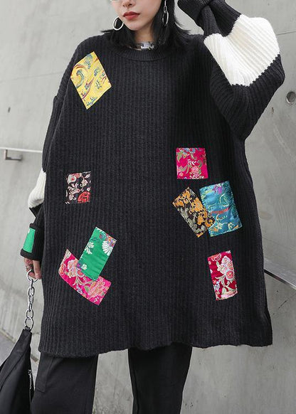 Oversized Black Knitted Pullover O Neck Patchwork Oversized Knitted Blouse